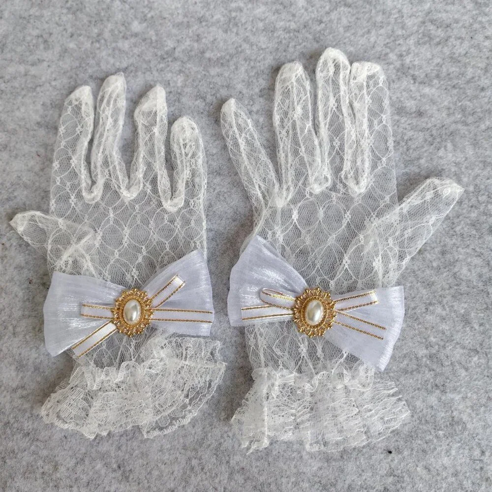 Women's Hand Sleeve White Bow Lace Gloves Wedding Halloween Costume Party Prom